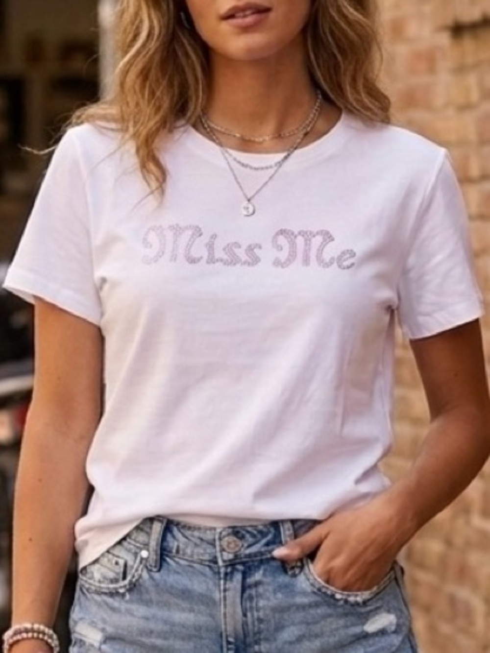 MISS ME Two-Tone Rhinestone Logo White T-Shirt Large L NEW NWT